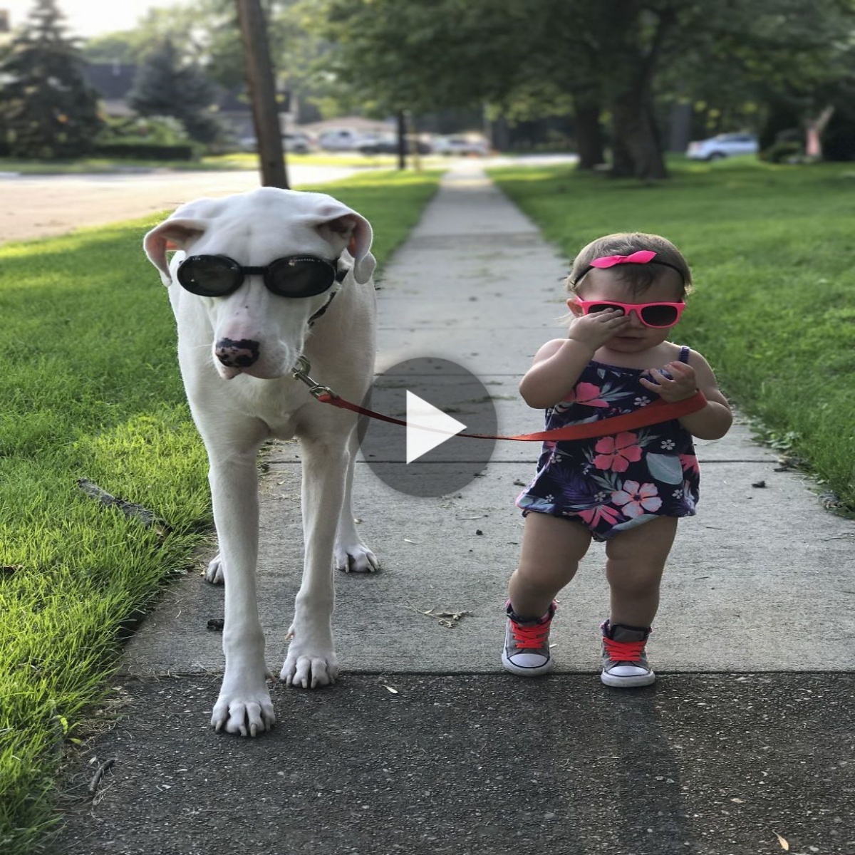 A little girl took her dog for a walk and wore glasses to go out, looking cool as a model, capturing interesting moments of the two that made everyone laugh.